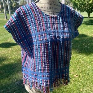 Artisan Handwoven Fringe Crop Top Blue Purple Boho Festival Woven Tee Small 🌿
